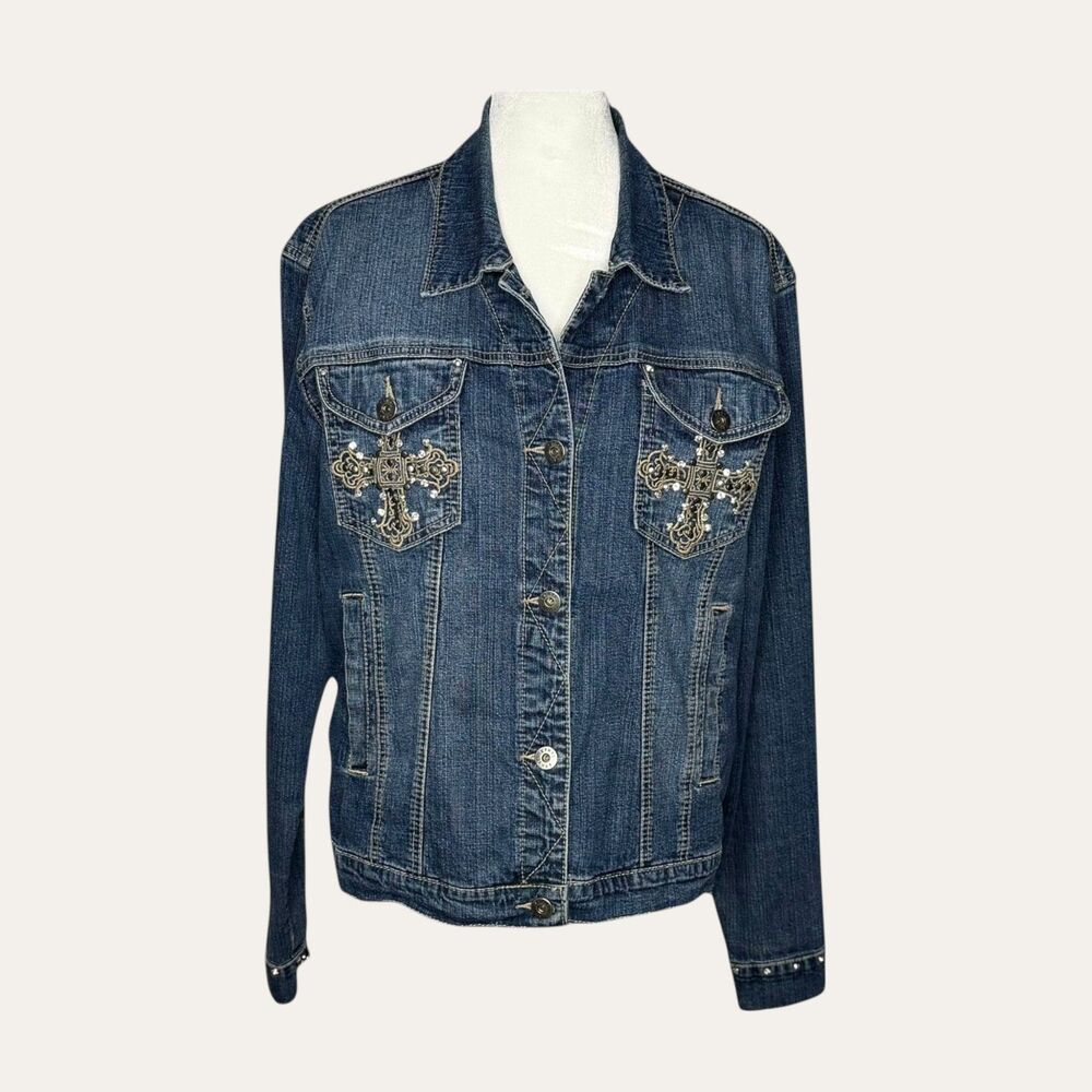 Ethyl Vintage Denim XL Embroidered Rhinestone Cross Jean Jacket